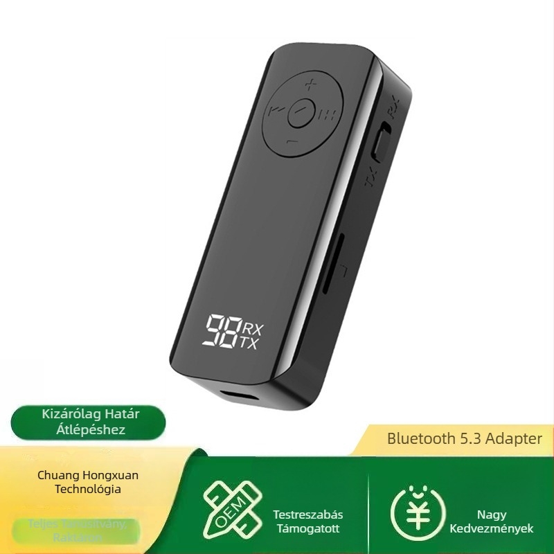 Bluetooth 5.3 audio adó-vevő digitális kijelzővel - Lavalier adapter, AUX 3.5 mm, Plug-and-Play, külső tápegység nélkül, 10 m hatótávolság, 100 Mbps