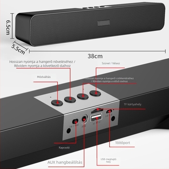 Soundbar szubwooferrel, Bluetooth 5.0, 2 hangszóró, 5W kimenet, frekvenciatartomány 100Hz-20kHz, beépített akkumulátor 2000-4000 mAh