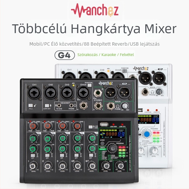 URX 7-csatornás OTG hangkártya-mixer mobil élő közvetítéshez és PC-professzionális felvételhez.