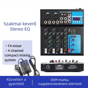 F4 4-csatornás élő hangkártya-mixer effektekkel és tunerrel, USB és egyéb interfészek, 20W