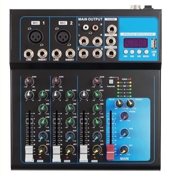 F4 4-csatornás élő hangkártya-mixer effektekkel és tunerrel, USB és egyéb interfészek, 20W