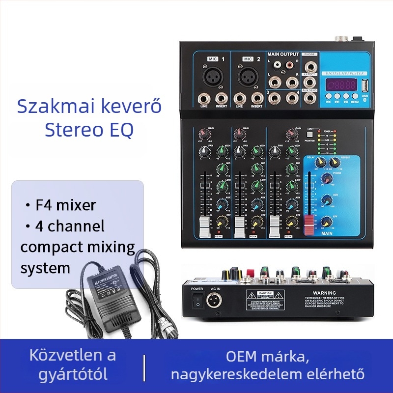 F4 4-csatornás élő hangkártya-mixer effektekkel és tunerrel, USB és egyéb interfészek, 20W
