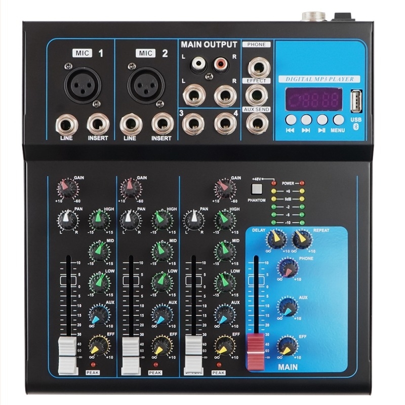 F4 4-csatornás élő hangkártya-mixer effektekkel és tunerrel, USB és egyéb interfészek, 20W