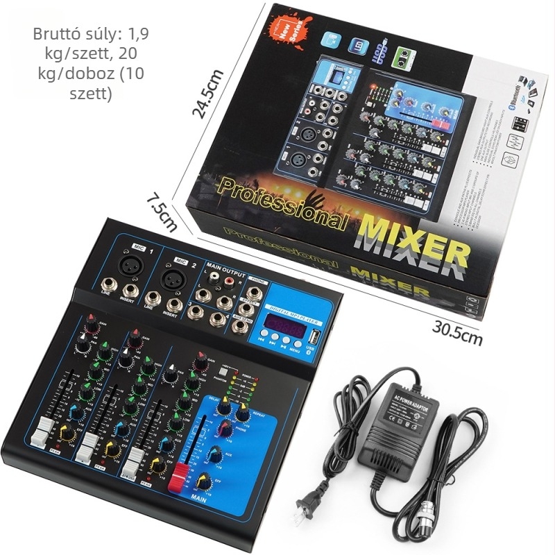 F4 4-csatornás élő hangkártya-mixer effektekkel és tunerrel, USB és egyéb interfészek, 20W
