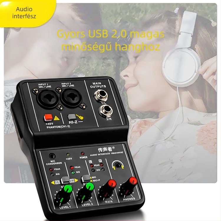 Voice Tone Q12 USB 2-csatornás mini keverő számítógépre felvételhez és élő közvetítéshez (220V, 5W, sztereó)