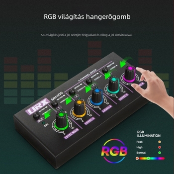 URX MH400 4-csatornás mini vonalkeverő, 5V2A tápegység, mikrofon, gitár, basszus és billentyűs hangszerekhez