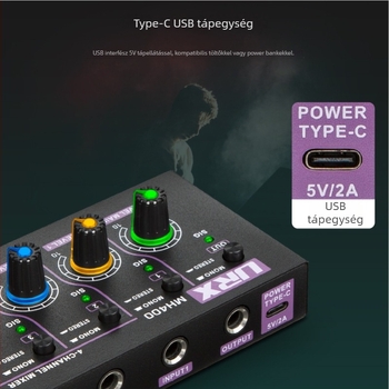 URX MH400 4-csatornás mini vonalkeverő, 5V2A tápegység, mikrofon, gitár, basszus és billentyűs hangszerekhez
