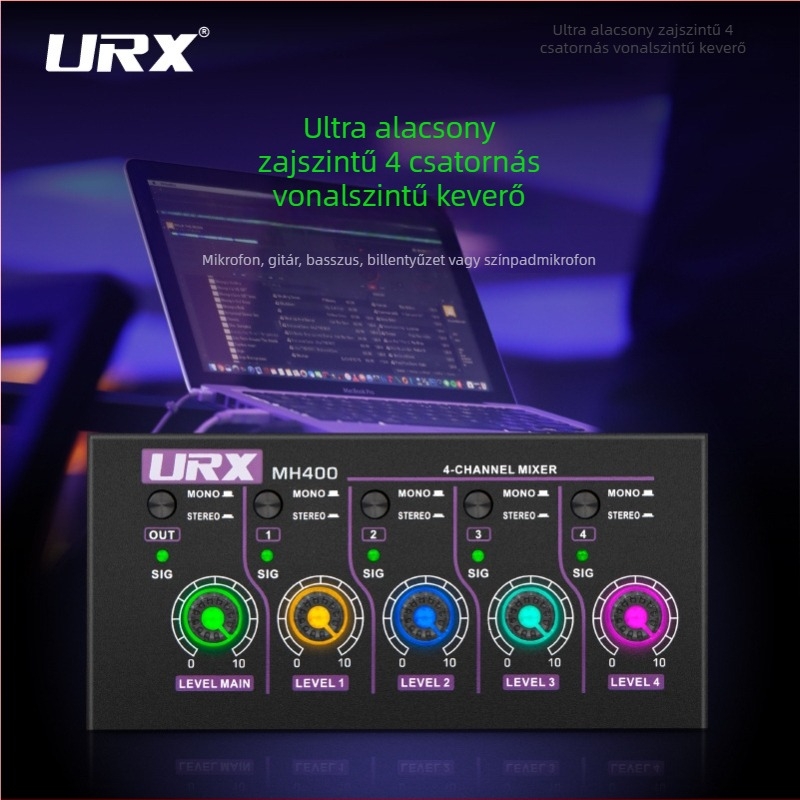 URX MH400 4-csatornás mini vonalkeverő, 5V2A tápegység, mikrofon, gitár, basszus és billentyűs hangszerekhez