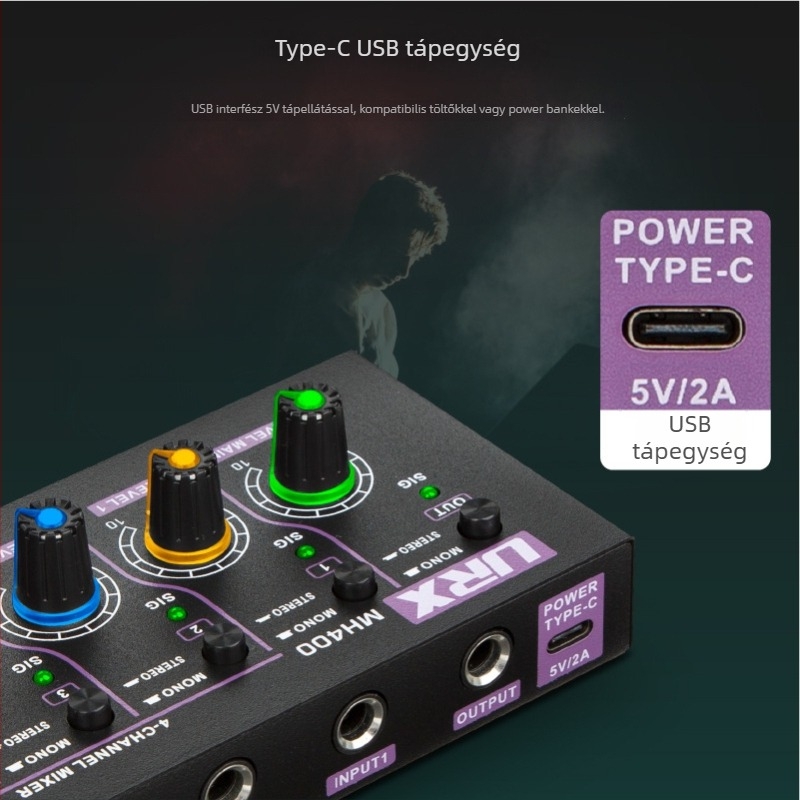 URX MH400 4-csatornás mini vonalkeverő, 5V2A tápegység, mikrofon, gitár, basszus és billentyűs hangszerekhez