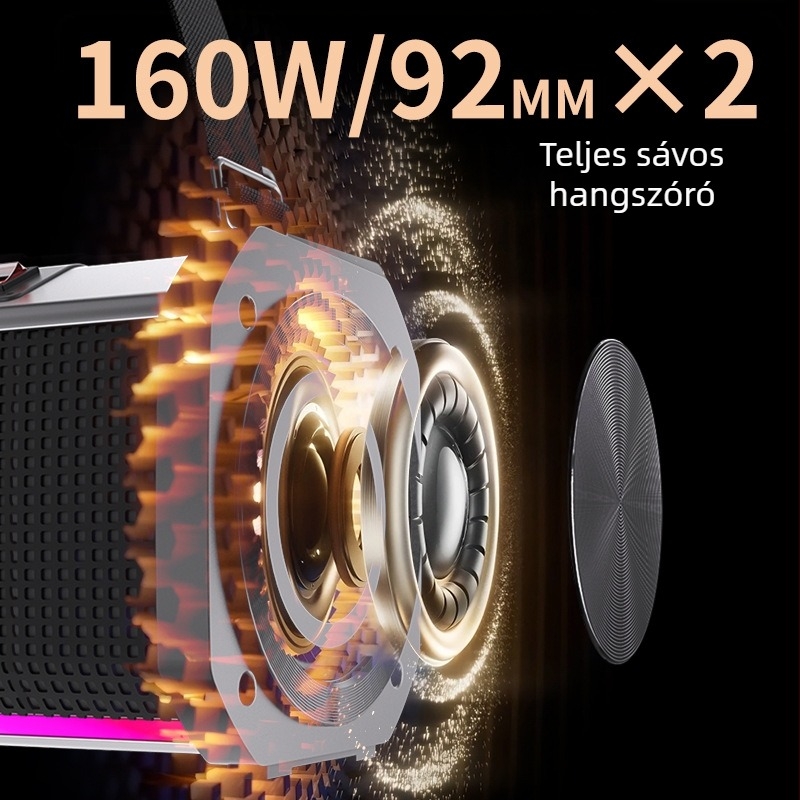 Kültéri hordozható Bluetooth hangszóró, 80W, beépített 6000mAh akkumulátor, IPX4, 100 Hz–20 kHz, Bluetooth 5.3