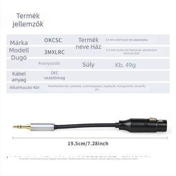 okcsc 3,5 mm–os XLR 4-pin adapter kábel, modell 3MXLRC, rézmag, egyetlen csatlakozó