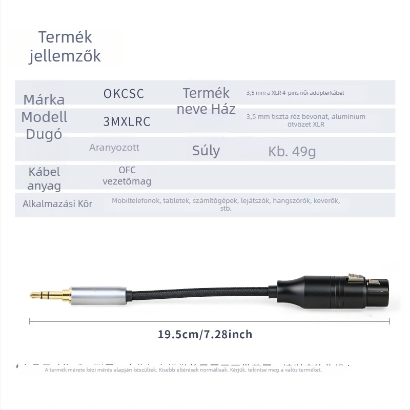 okcsc 3,5 mm–os XLR 4-pin adapter kábel, modell 3MXLRC, rézmag, egyetlen csatlakozó