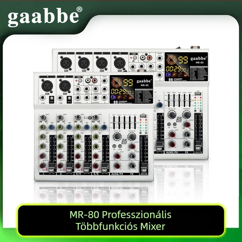 Gabby Electronics MR-60: 6/8 csatornás professzionális audio keverő effektekkel, Bluetooth és USB | 50W