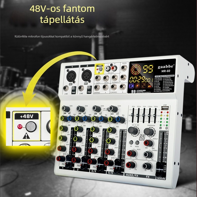Gabby Electronics MR-60: 6/8 csatornás professzionális audio keverő effektekkel, Bluetooth és USB | 50W