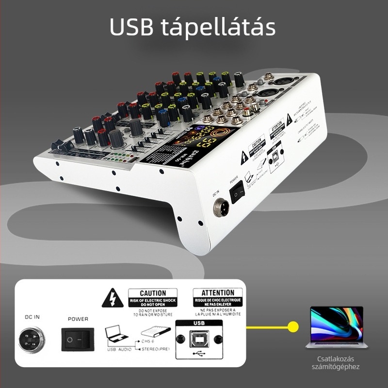 Gabby Electronics MR-60: 6/8 csatornás professzionális audio keverő effektekkel, Bluetooth és USB | 50W