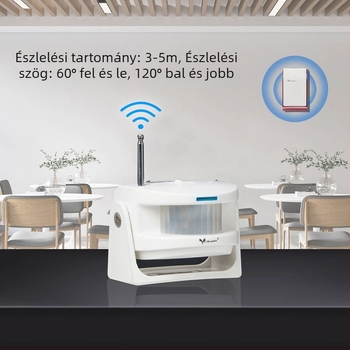 Vezeték nélküli ajtócsengő osztott infravörös falon átívelő érzékelővel és védelmi riasztással, modell K06-AC, 220V, működési mód: kommunikációs, 60 csengőhang