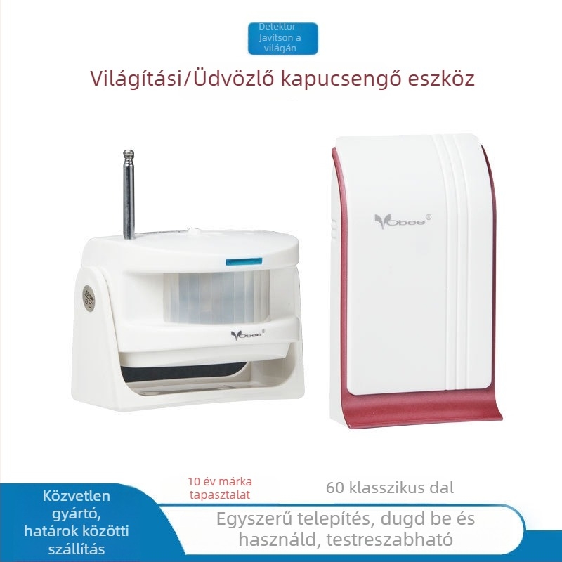Vezeték nélküli ajtócsengő osztott infravörös falon átívelő érzékelővel és védelmi riasztással, modell K06-AC, 220V, működési mód: kommunikációs, 60 csengőhang