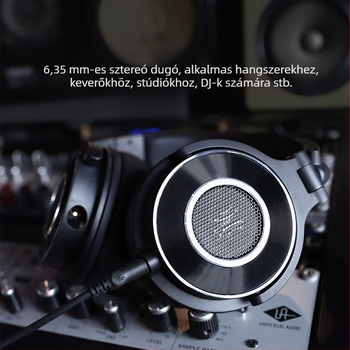 Drótos stúdió fejhallgató mikrofonnal, háromsávos kiegyenlítés, 20–20 kHz, 38 Ω, 3,5/6,5 mm egyenes csatlakozó