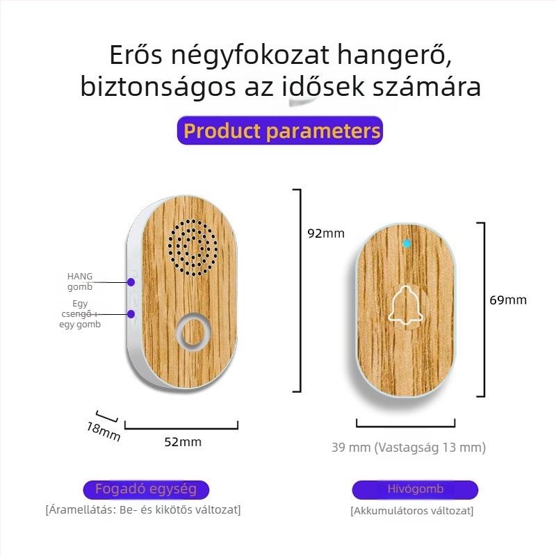 Vezeték nélküli ajtócsengő otthonra – 38 csengőhang, nagy hangerő, falon át hatoló, hosszú hatótávolság, CR2032-es tápegység
