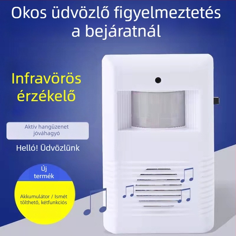 Indukciós ajtócsengő infravörös szenzorral és hangosbemondóval, modell KZ-02, akkumulátoros működés, 4,5V, 20 csengőhang opció, üzletek és szállodák számára