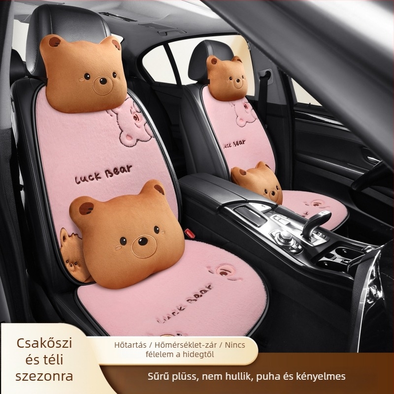 Autóülés párna – lapos, rajzfilmszerű medve design, bolyhos felület, szivacs töltet, Saintalon, téli dekoráció