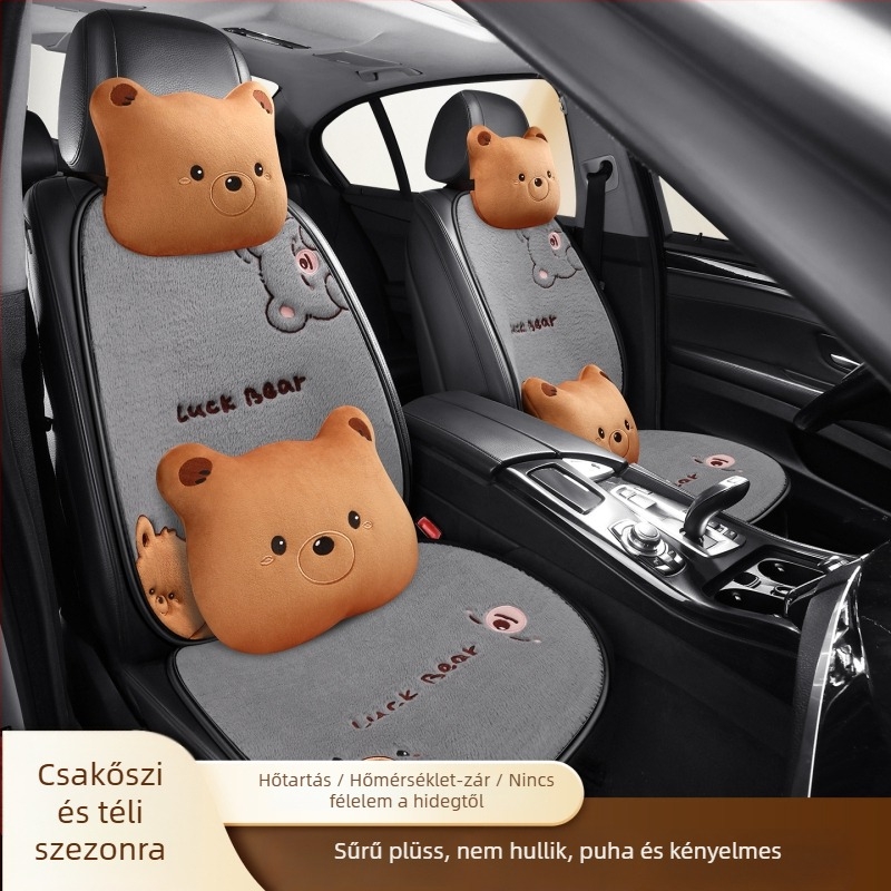 Autóülés párna – lapos, rajzfilmszerű medve design, bolyhos felület, szivacs töltet, Saintalon, téli dekoráció