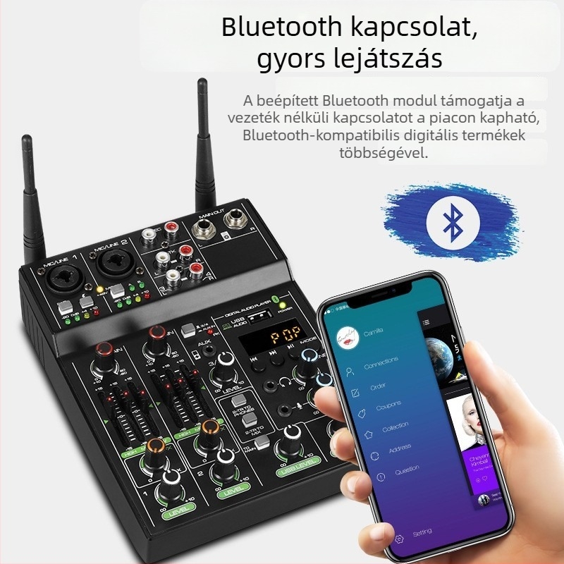 4 csatornás keverő vezeték nélküli mikrofonnal, USB audió interfész számítógéphez, felvétel, kompakt élő közvetítéshez Bluetooth reverb mikrofon