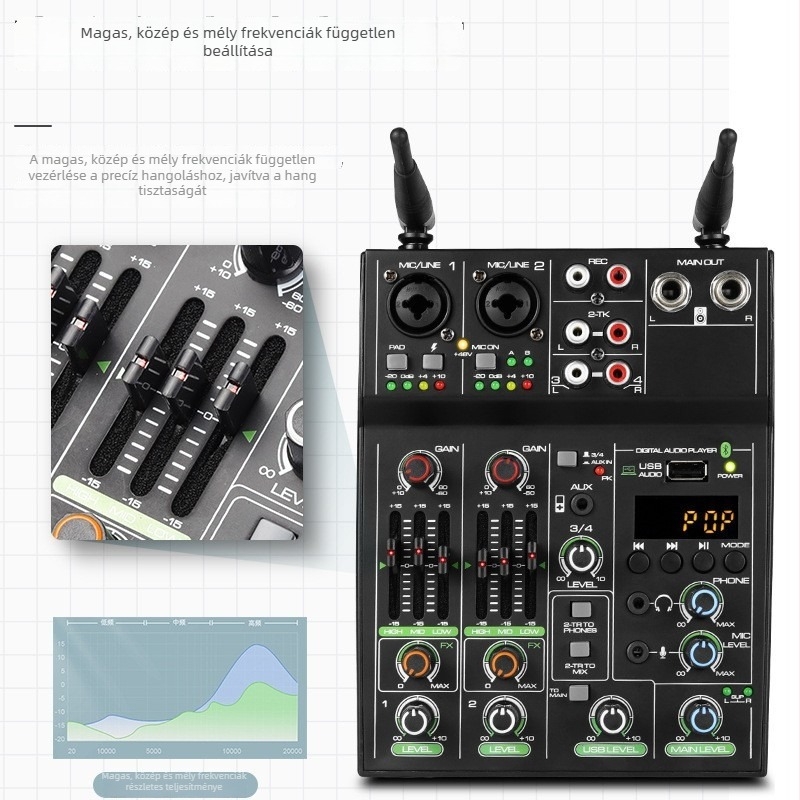 4 csatornás keverő vezeték nélküli mikrofonnal, USB audió interfész számítógéphez, felvétel, kompakt élő közvetítéshez Bluetooth reverb mikrofon