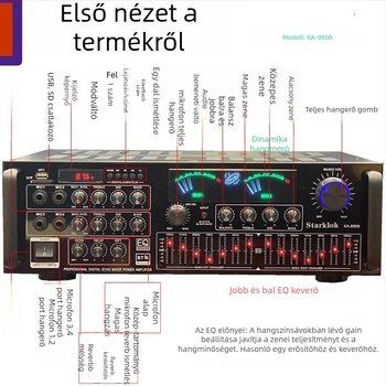 Starklok KA8900 Négycsatornás otthoni karaoke erősítő négylépéses EQ-vel, 1000W, 4–16 Ω, 20–20 kHz