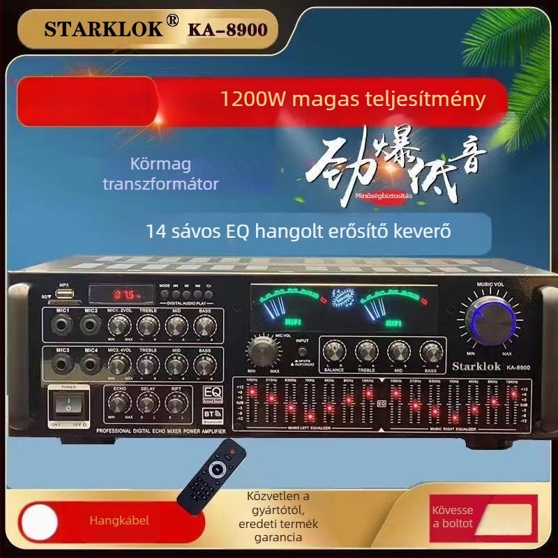 Starklok KA8900 Négycsatornás otthoni karaoke erősítő négylépéses EQ-vel, 1000W, 4–16 Ω, 20–20 kHz