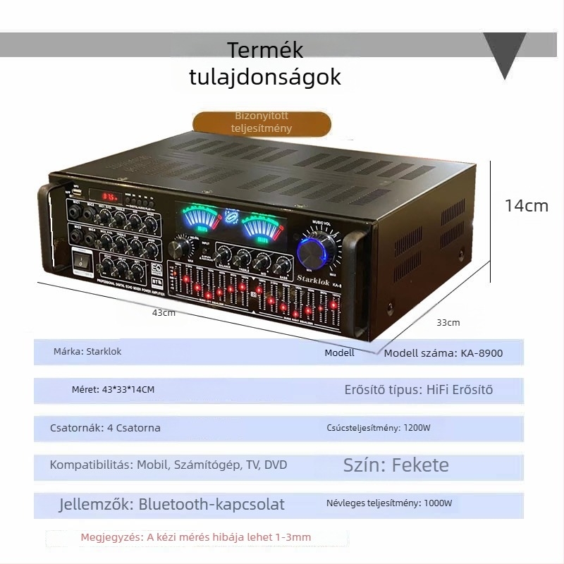 Starklok KA8900 Négycsatornás otthoni karaoke erősítő négylépéses EQ-vel, 1000W, 4–16 Ω, 20–20 kHz