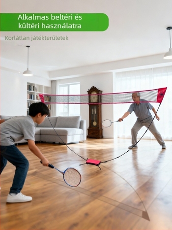 Szabadalmaztatott badminton hálókeret – hordozható, összecsukható, gyorsan nyitható, poliészterből készült; alkalmas badmintonra és teniszre, otthoni és kültéri használatra.