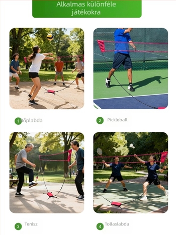 Szabadalmaztatott badminton hálókeret – hordozható, összecsukható, gyorsan nyitható, poliészterből készült; alkalmas badmintonra és teniszre, otthoni és kültéri használatra.