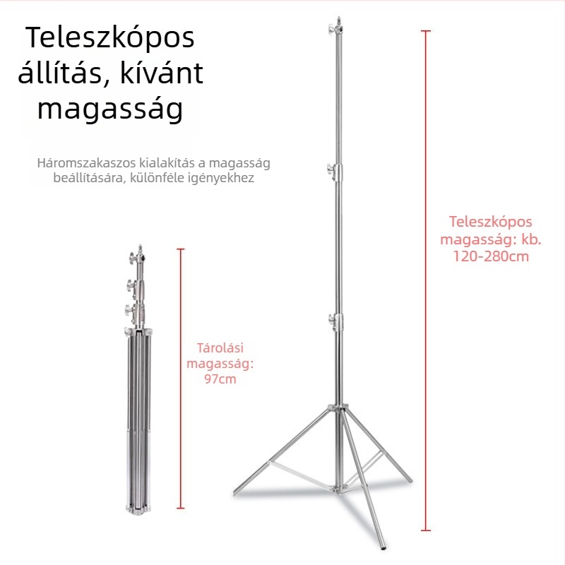 Rozsdamentes acélból készült nehéz állvány élő fotózáshoz – teherbírás 10 kg, csőátmérő 25/30/35 mm, 3 részes, súly 2.35 kg