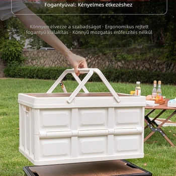 Összecsukható kemping tároló doboz autócsomagtartóhoz, PP műanyagból, 30–40 L kapacitás, méretek 52×35×29 cm