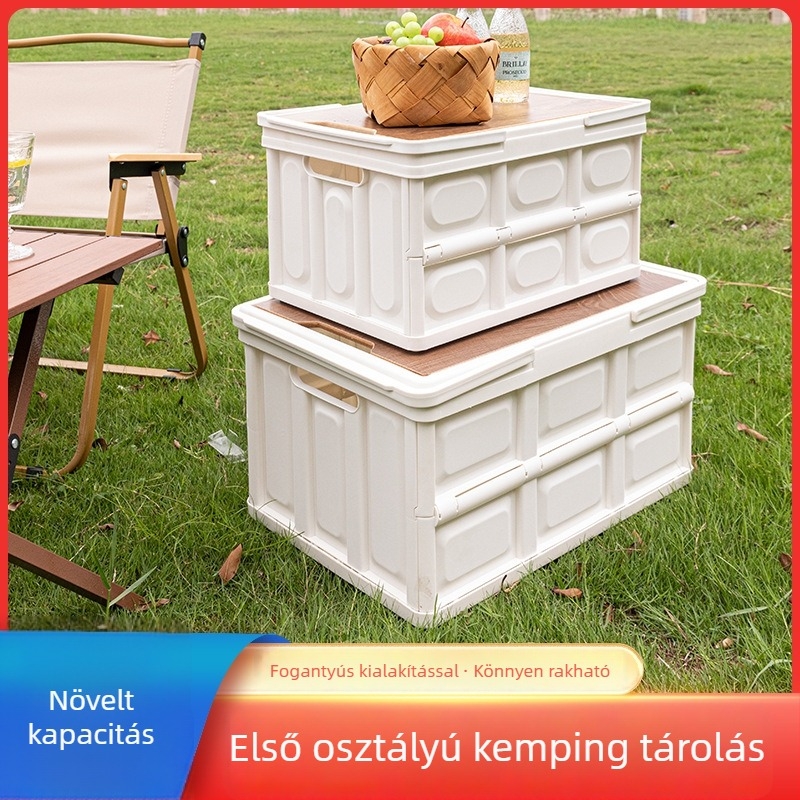 Összecsukható kemping tároló doboz autócsomagtartóhoz, PP műanyagból, 30–40 L kapacitás, méretek 52×35×29 cm