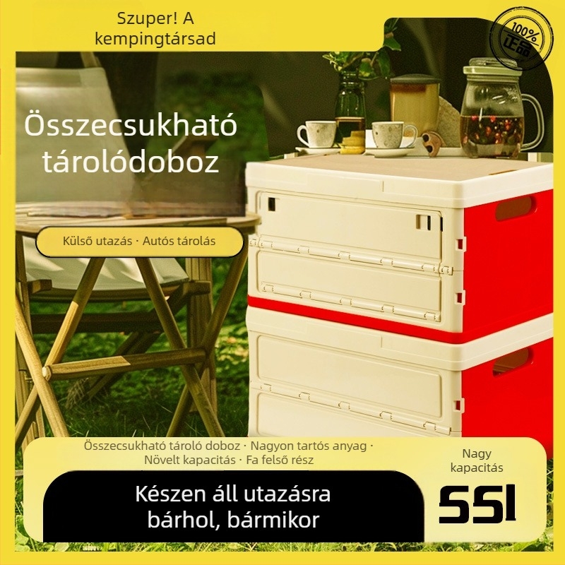 Összecsukható kemping tároló doboz autócsomagtartóhoz, PP műanyagból, 30–40 L kapacitás, méretek 52×35×29 cm