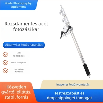 Rozsdamentes acélból készült fényképezőgép-kereszttartó állvány talajra, teleszkópos világítási karral és dőlt karral