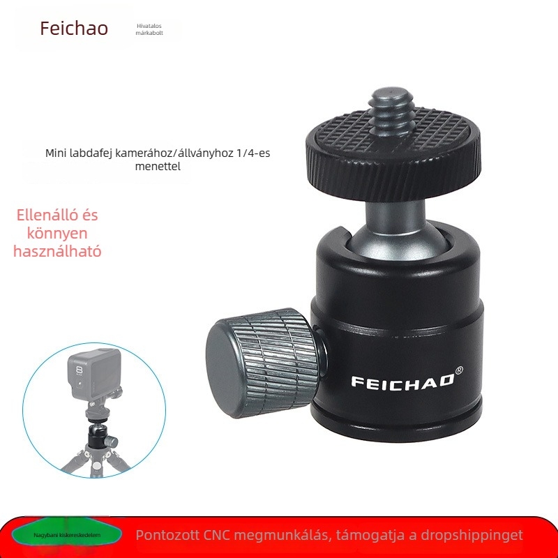 Feichao Mini Pan-Tilt gömbfejes állvány DSLR és sportkamerákhoz, alumíniumötvözet, 360° forgás, teherbírás 2–5 kg, súly 0,046 kg