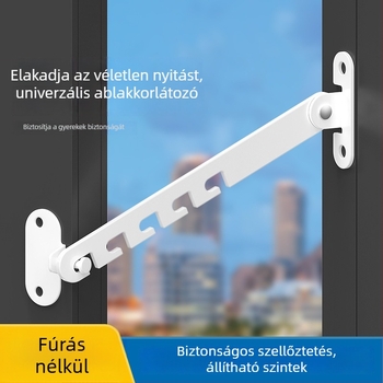 Gyermekbiztonsági ablakzár – fúrás nélkül, szélvédő tartó, beltéri/kültéri nyitás korlátozó kampóval és csattal – univerzális modell
