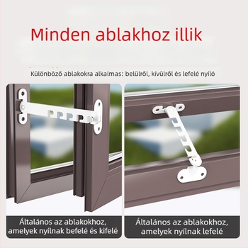 Gyermekbiztonsági ablakzár – fúrás nélkül, szélvédő tartó, beltéri/kültéri nyitás korlátozó kampóval és csattal – univerzális modell