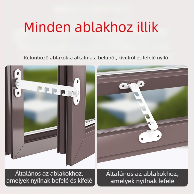 Gyermekbiztonsági ablakzár – fúrás nélkül, szélvédő tartó, beltéri/kültéri nyitás korlátozó kampóval és csattal – univerzális modell