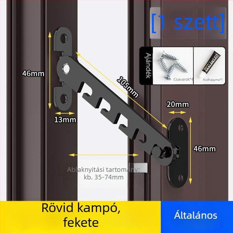 Gyermekbiztonsági ablakzár – fúrás nélkül, szélvédő tartó, beltéri/kültéri nyitás korlátozó kampóval és csattal – univerzális modell