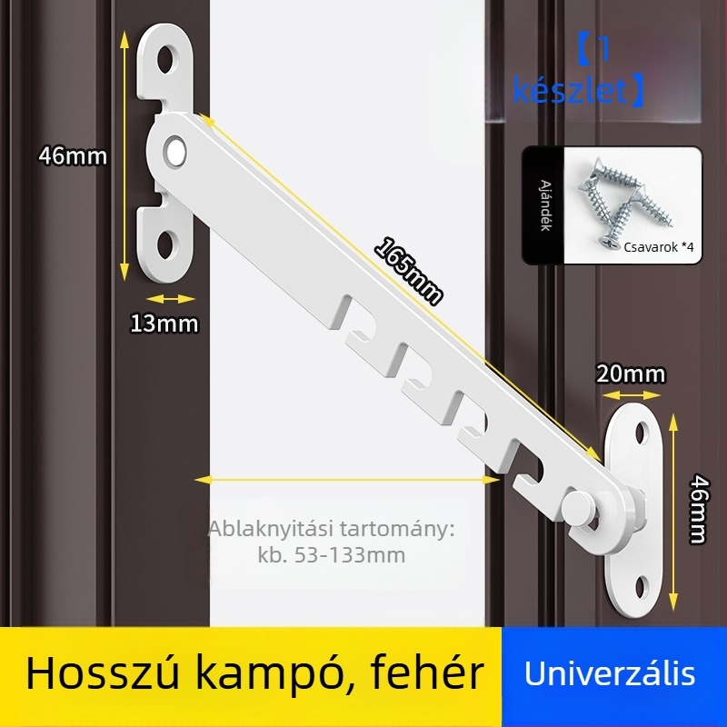 Gyermekbiztonsági ablakzár – fúrás nélkül, szélvédő tartó, beltéri/kültéri nyitás korlátozó kampóval és csattal – univerzális modell
