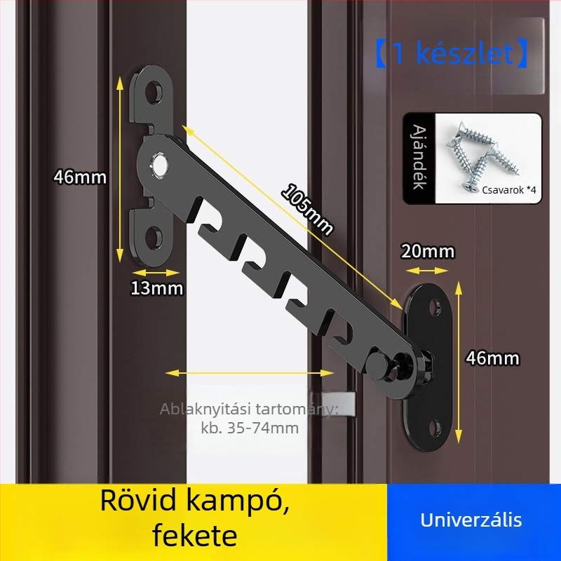 Gyermekbiztonsági ablakzár – fúrás nélkül, szélvédő tartó, beltéri/kültéri nyitás korlátozó kampóval és csattal – univerzális modell