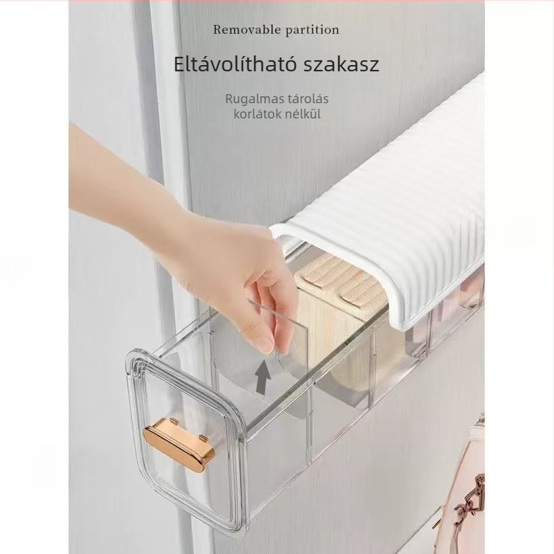 Falihoz szerelhető osztott fehérnemű tároló – pormentes, átlátszó fiókos, 2 rekeszes