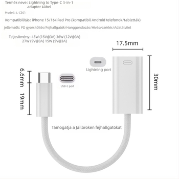 Type-C to Lightning kábel – 45W gyors töltés, adatátvitel, Apple készülékekkel kompatibilis (iPhone, iPad)