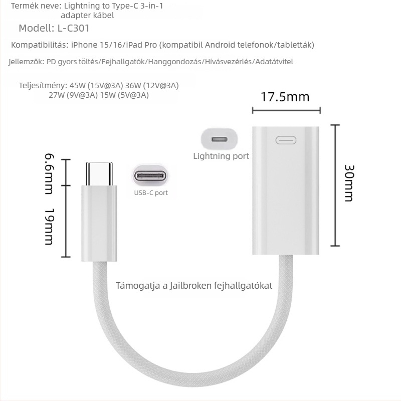 Type-C to Lightning kábel – 45W gyors töltés, adatátvitel, Apple készülékekkel kompatibilis (iPhone, iPad)