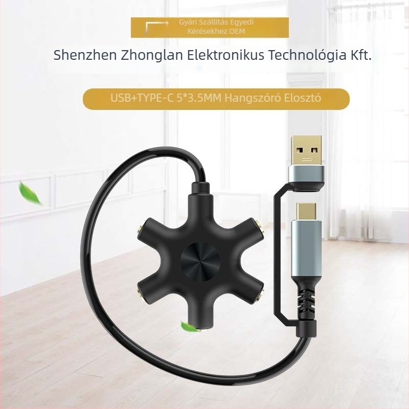 USB/Type-C hangosztó 5×3.5mm-re, 1–5 audio adapter, aranyozott kivitel, rézmag, CCC tanúsított