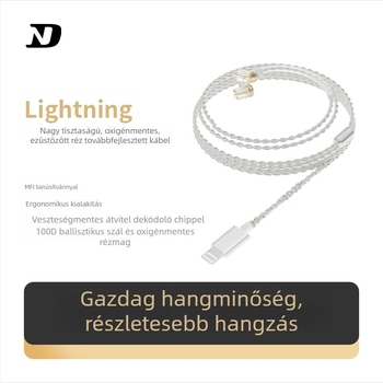 ND D5 oxigénmentes réz ezüstbevonat maggal, MFi-hiteles Lightning fejhallgató audió kábel, kétpin csatlakozóval